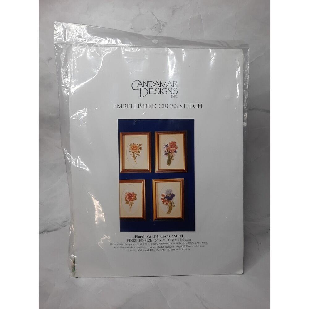 Vintage Candamar Designs Embellished Cross Stitch Kit Set of 4 Floral Cards